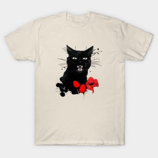 Black Cat Red Poppy T-Shirt